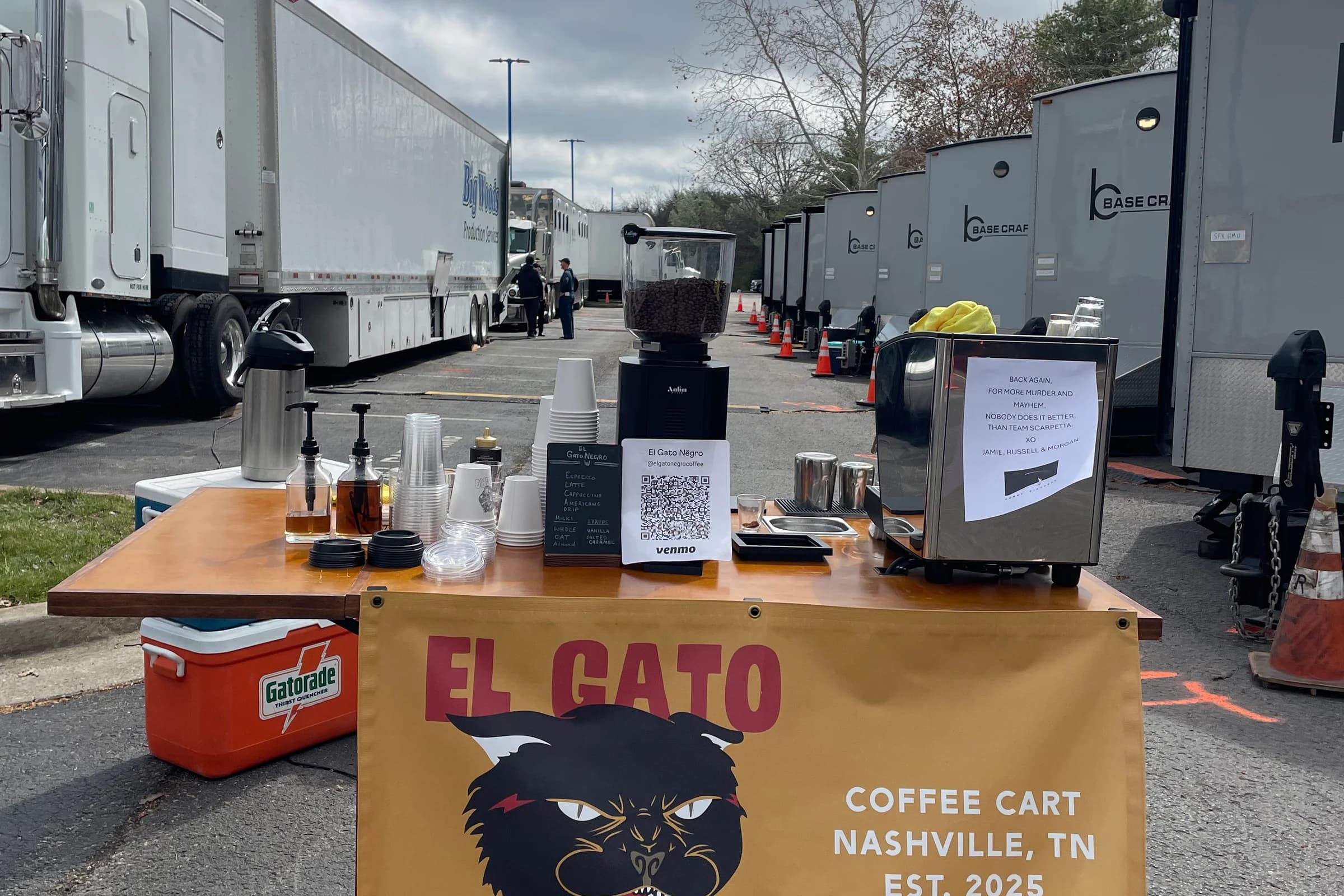 El Gato Negro cart set up on the Scarpetta production set before service